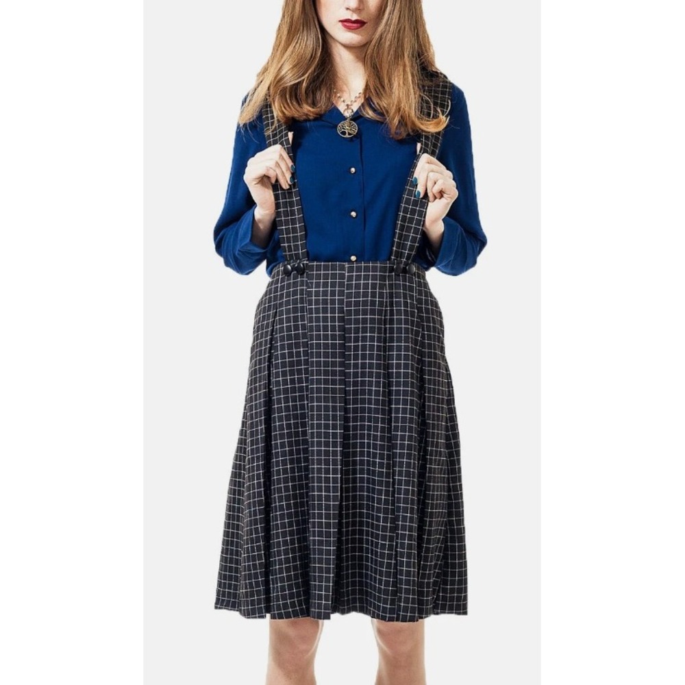 Alice's Pig Bea's Bib Pinafore Skirt Dark Grey Grid Suspender Pleated US 6 NEW